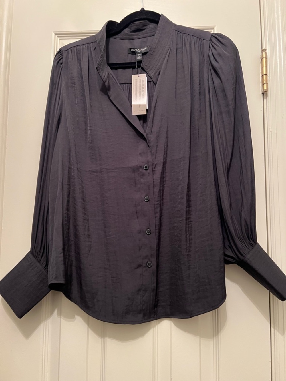 Banana Republic Black Button-Front Puff-Sleeve Blouse Size PL